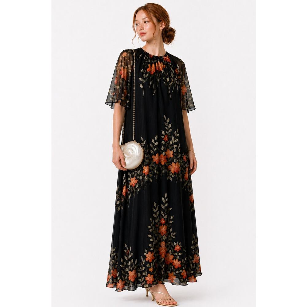 VTG VIVID x Hanae Mori Japan Sakura Floral Sheer Bell Sleeve Dress XS/S Black